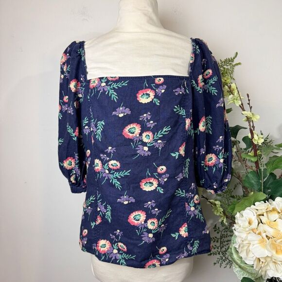 Polo Ralph Lauren Floral Linen Puff Sleeve Blouse | Navy | Size 12 - Picture 1 of 12